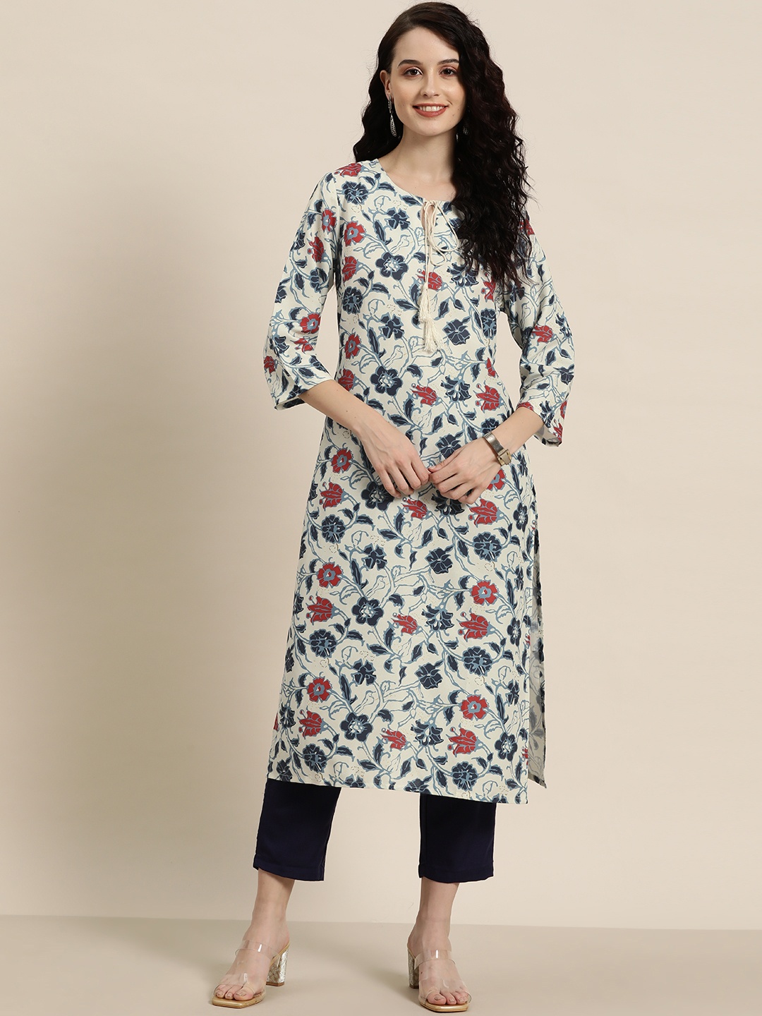

HERE&NOW Floral Printed Tie-Up Neck Kurta, White