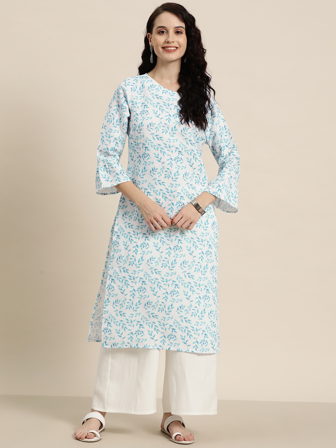 

HERE&NOW Floral Printed Bell Sleeves Dobby Kurta, White