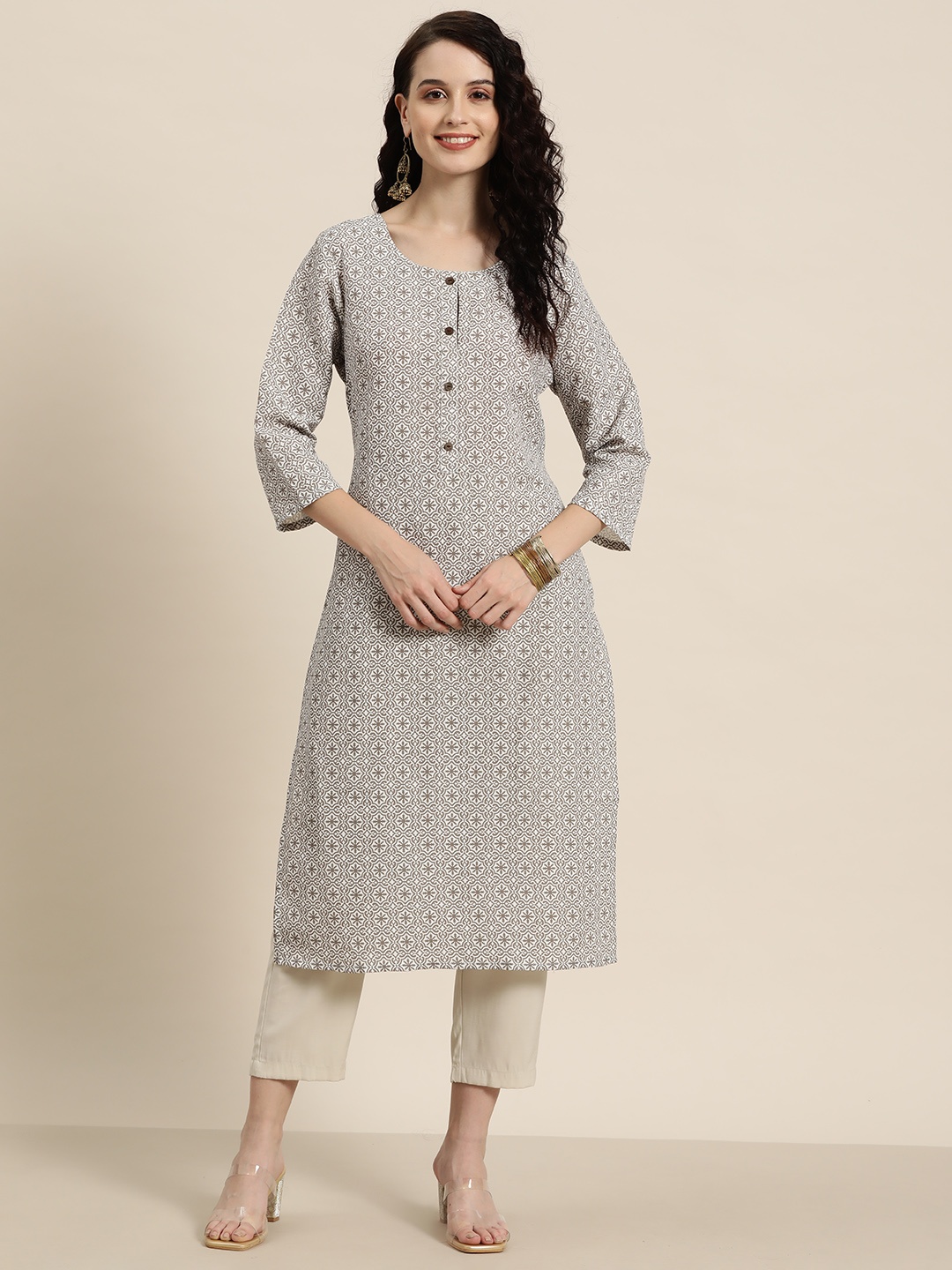 

HERE&NOW Ethnic Motifs Printed Dobby Kurta, White