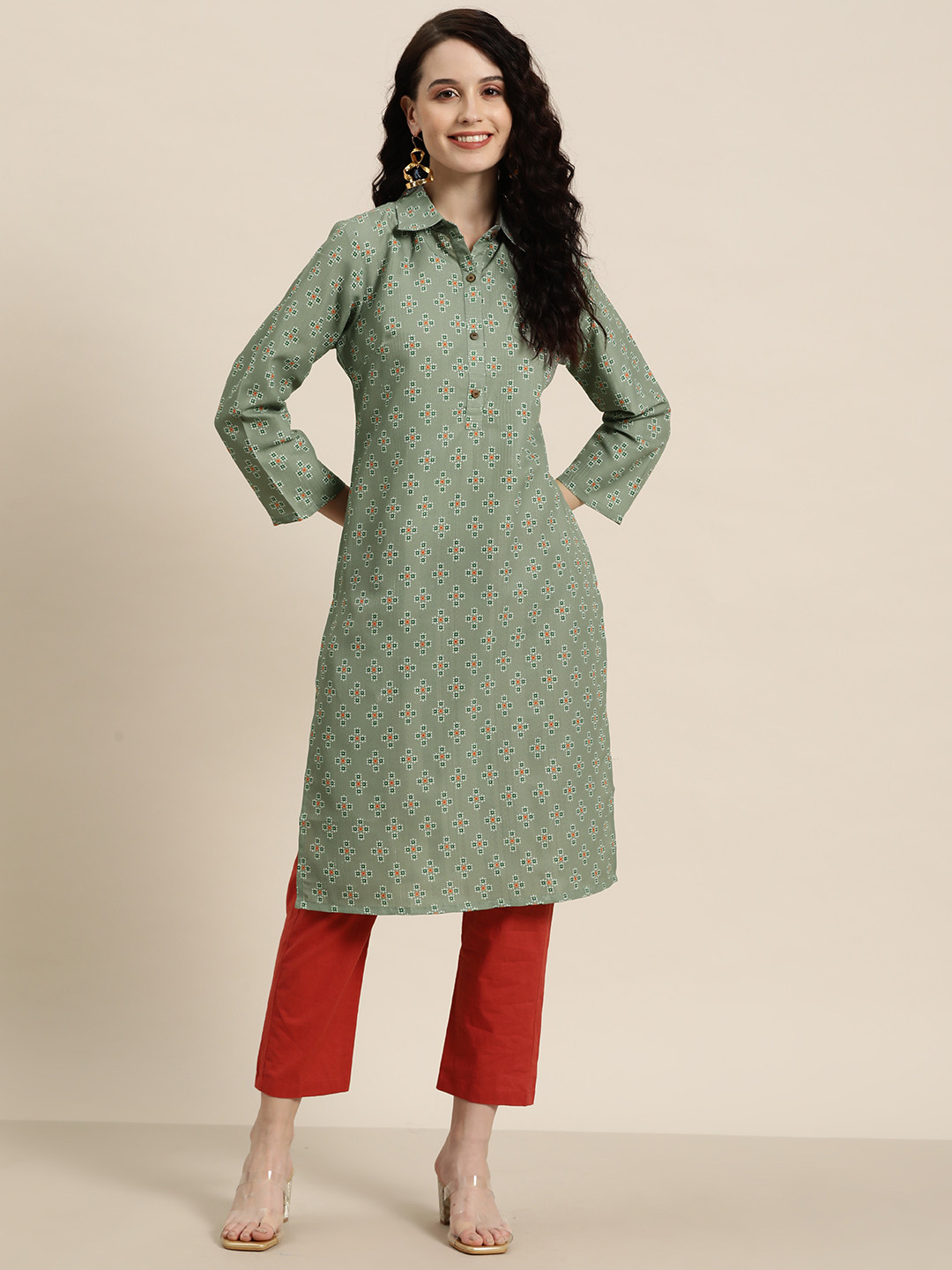 

HERE&NOW Geometric Embroidered Dobby Kurta, Olive