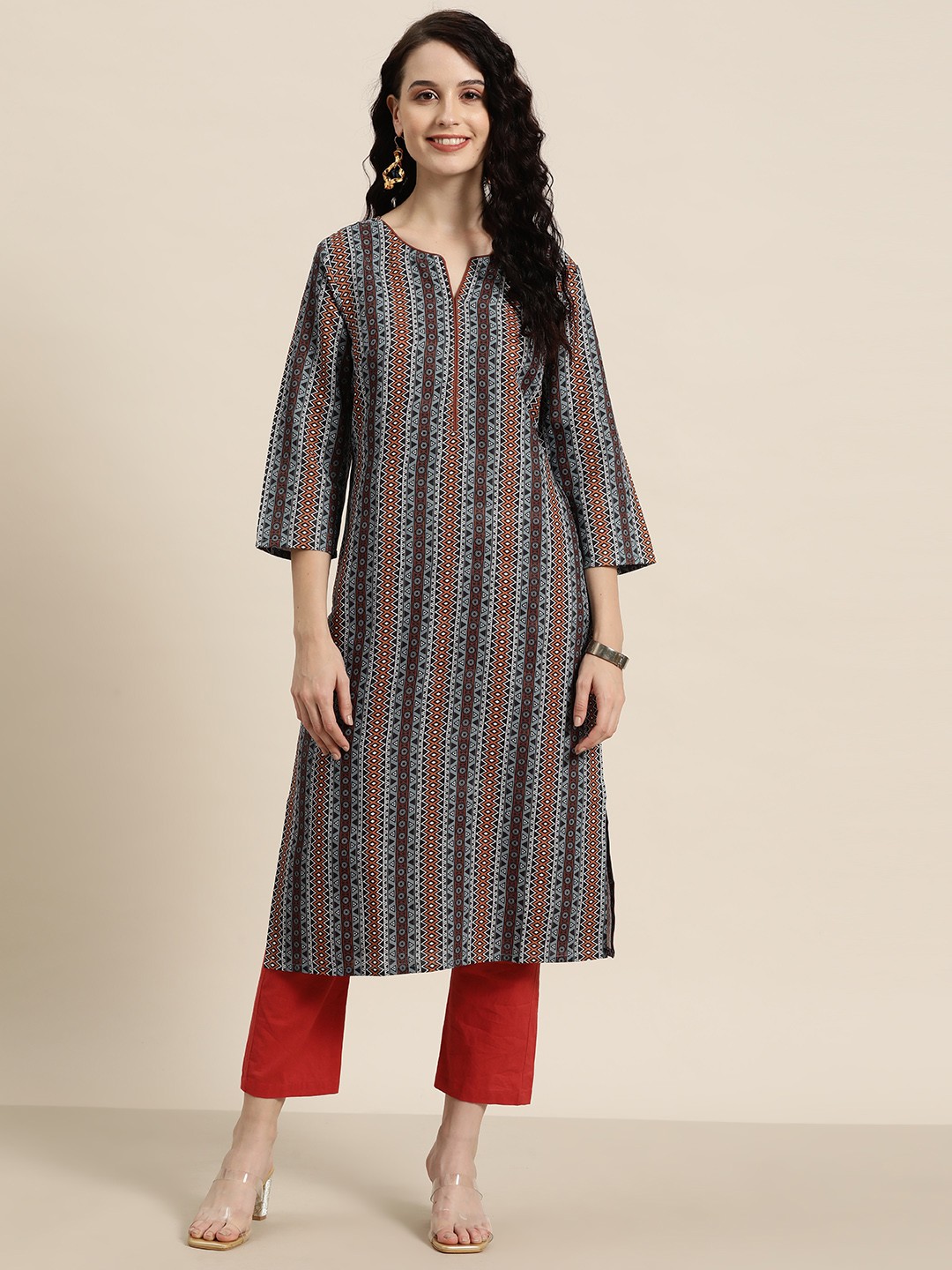 

HERE&NOW Geometric Printed Dobby Kurta, Multi