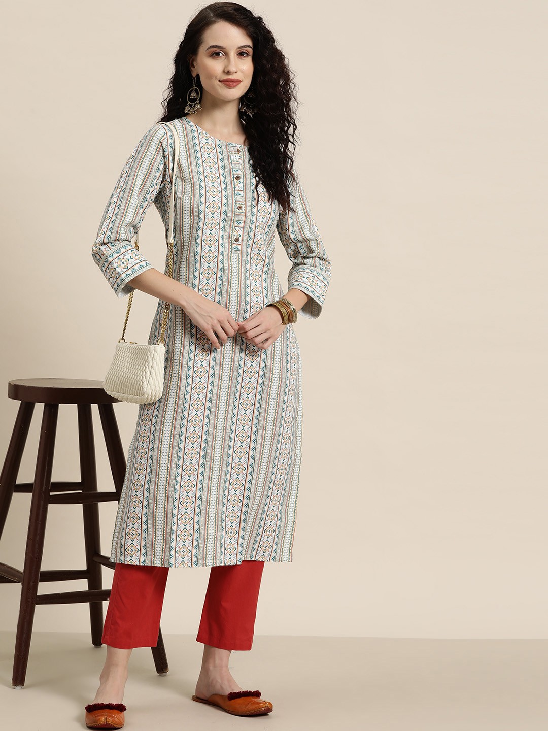 

HERE&NOW Geometric Printed Dobby Kurta, Red