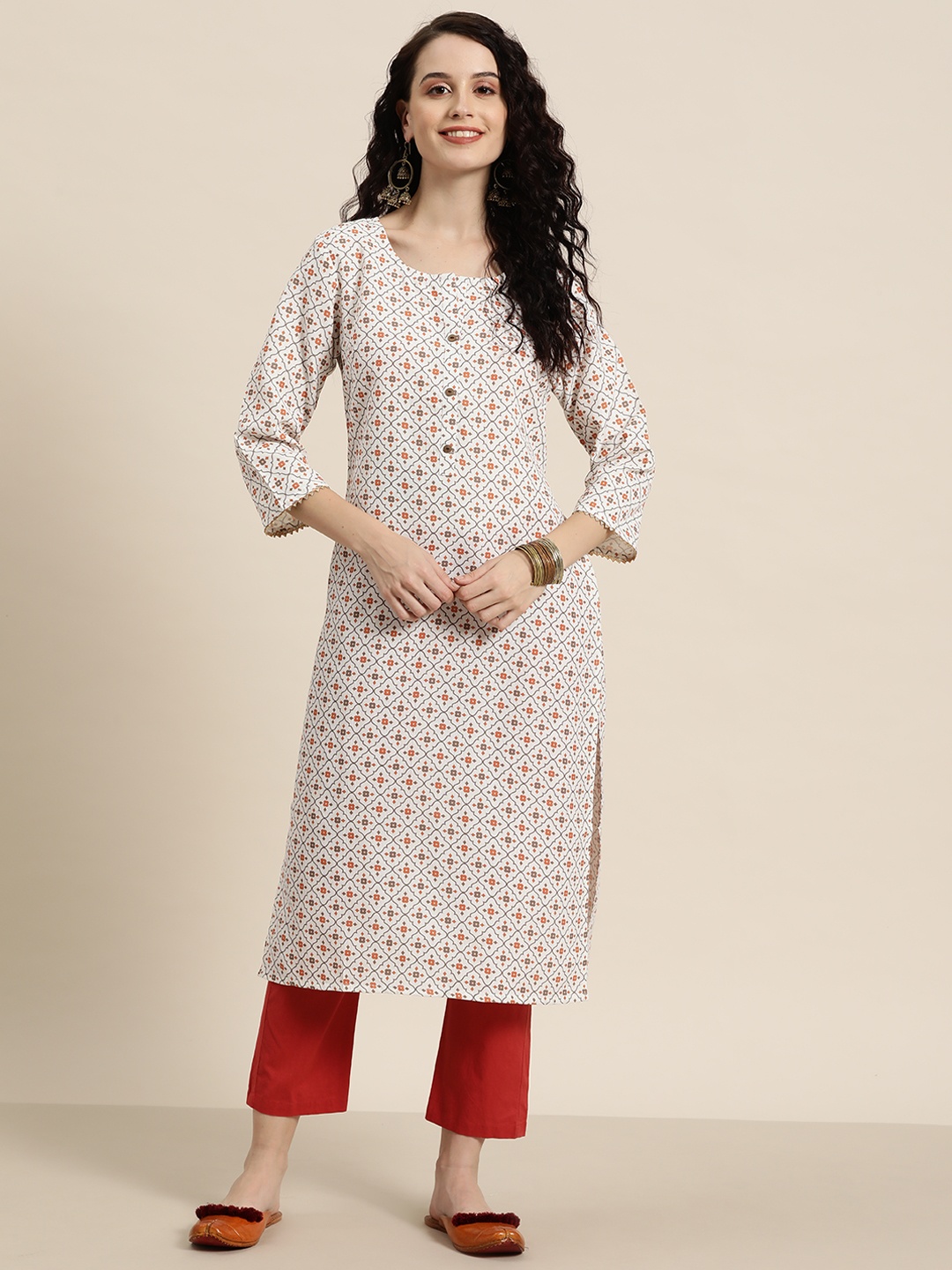 

HERE&NOW Ethnic Motifs Printed Dobby Kurta, White