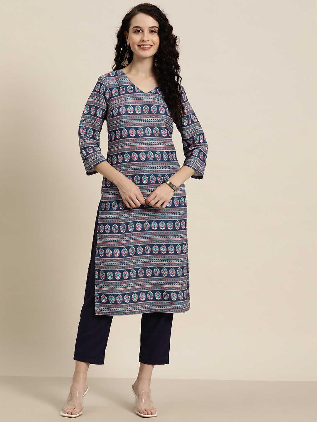 

HERE&NOW Ethnic Motifs Printed Dobby Kurta, Blue
