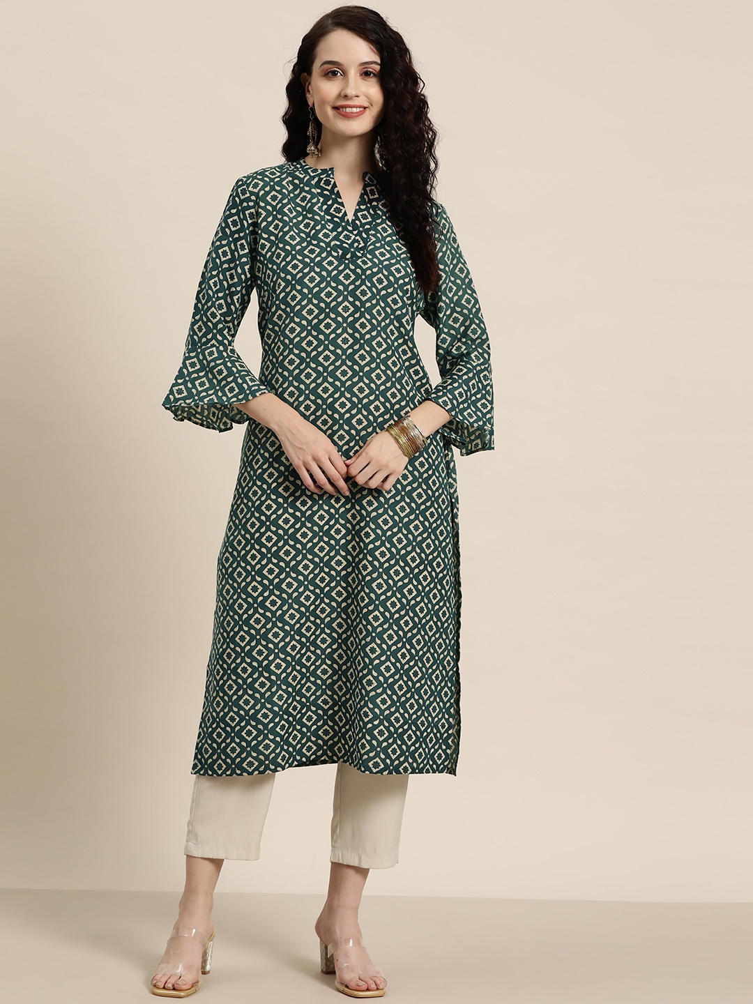 

HERE&NOW Ethnic Motifs Printed Mandarin Collar Bell Sleeves Kurta, Green