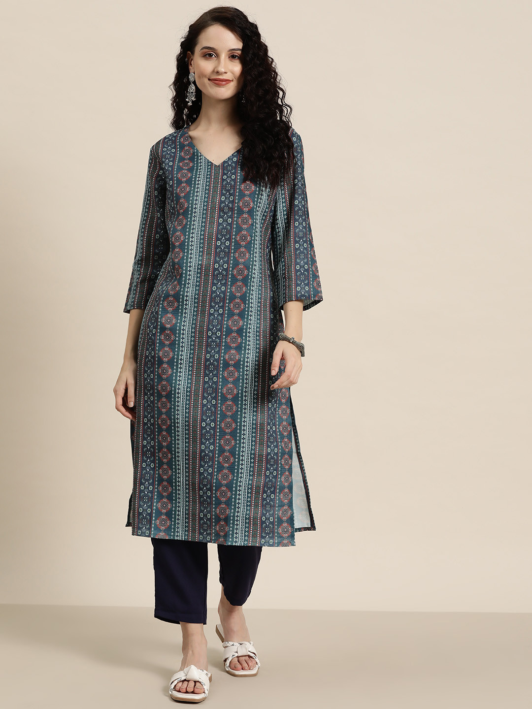 

HERE&NOW Ethnic Motifs Printed Dobby Kurta, Navy blue