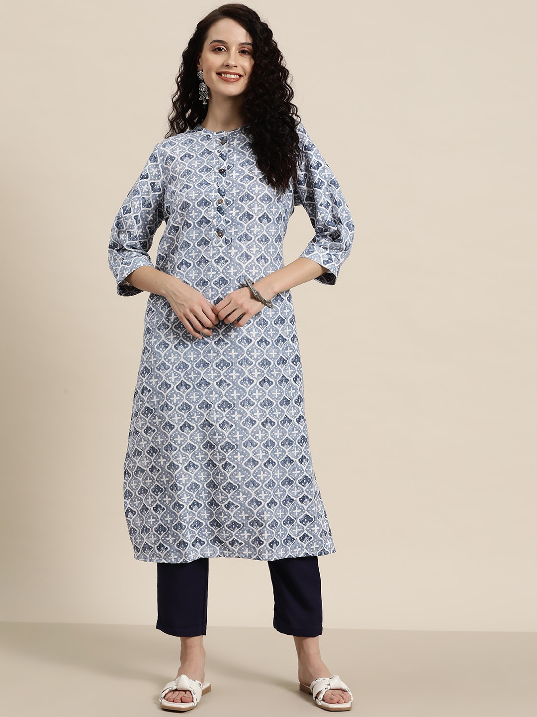 

HERE&NOW Ethnic Motifs Printed Mandarin Collar Kurta, Blue