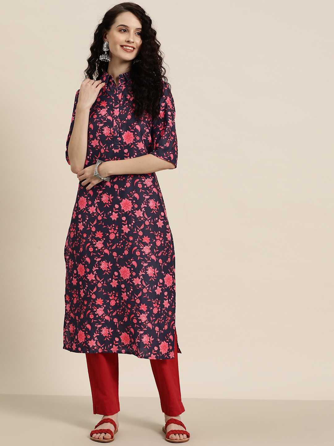 

HERE&NOW Floral Printed Shirt Collar Kurta, Navy blue