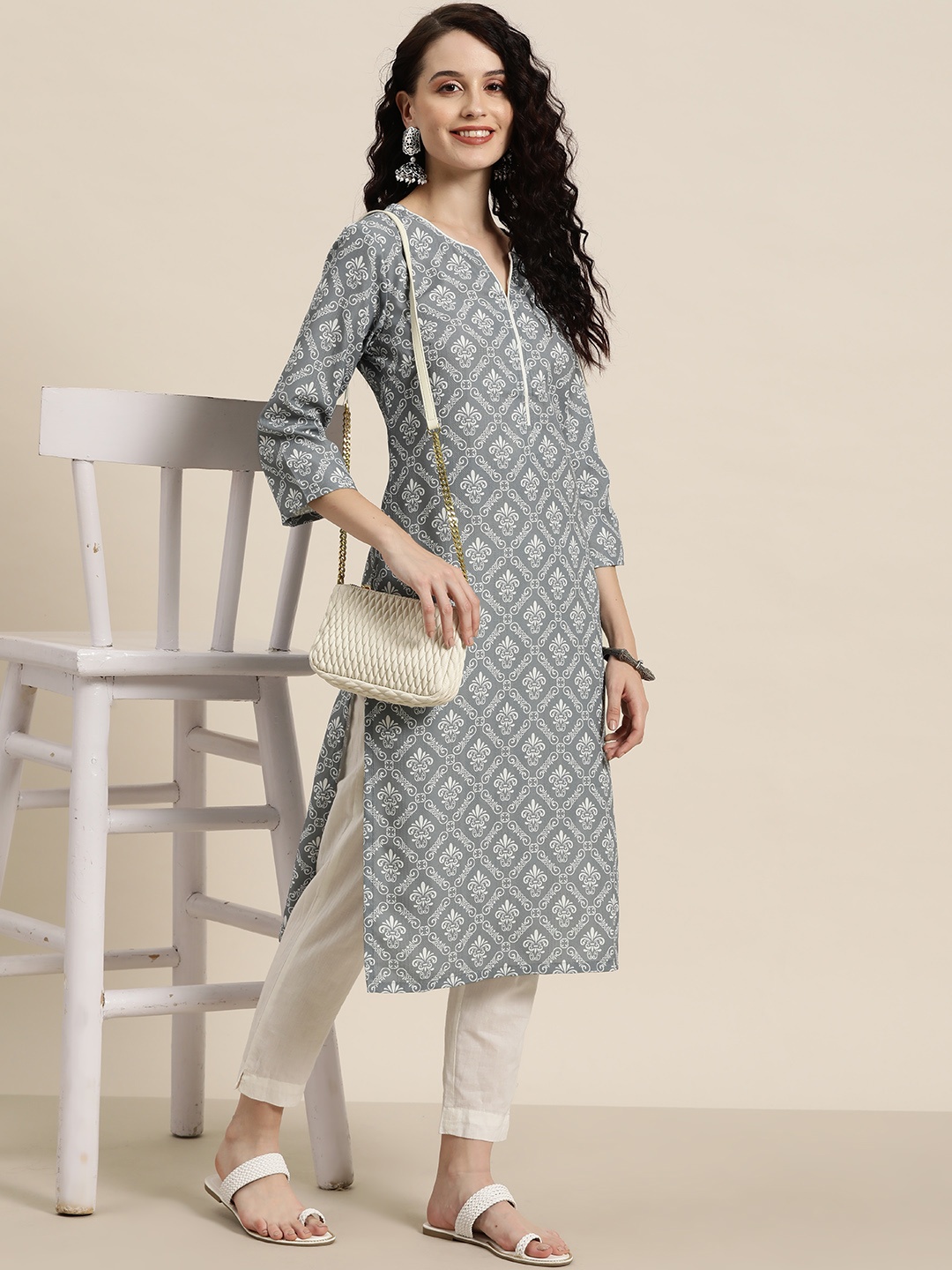 

HERE&NOW Ethnic Motifs Printed Dobby Kurta, Grey