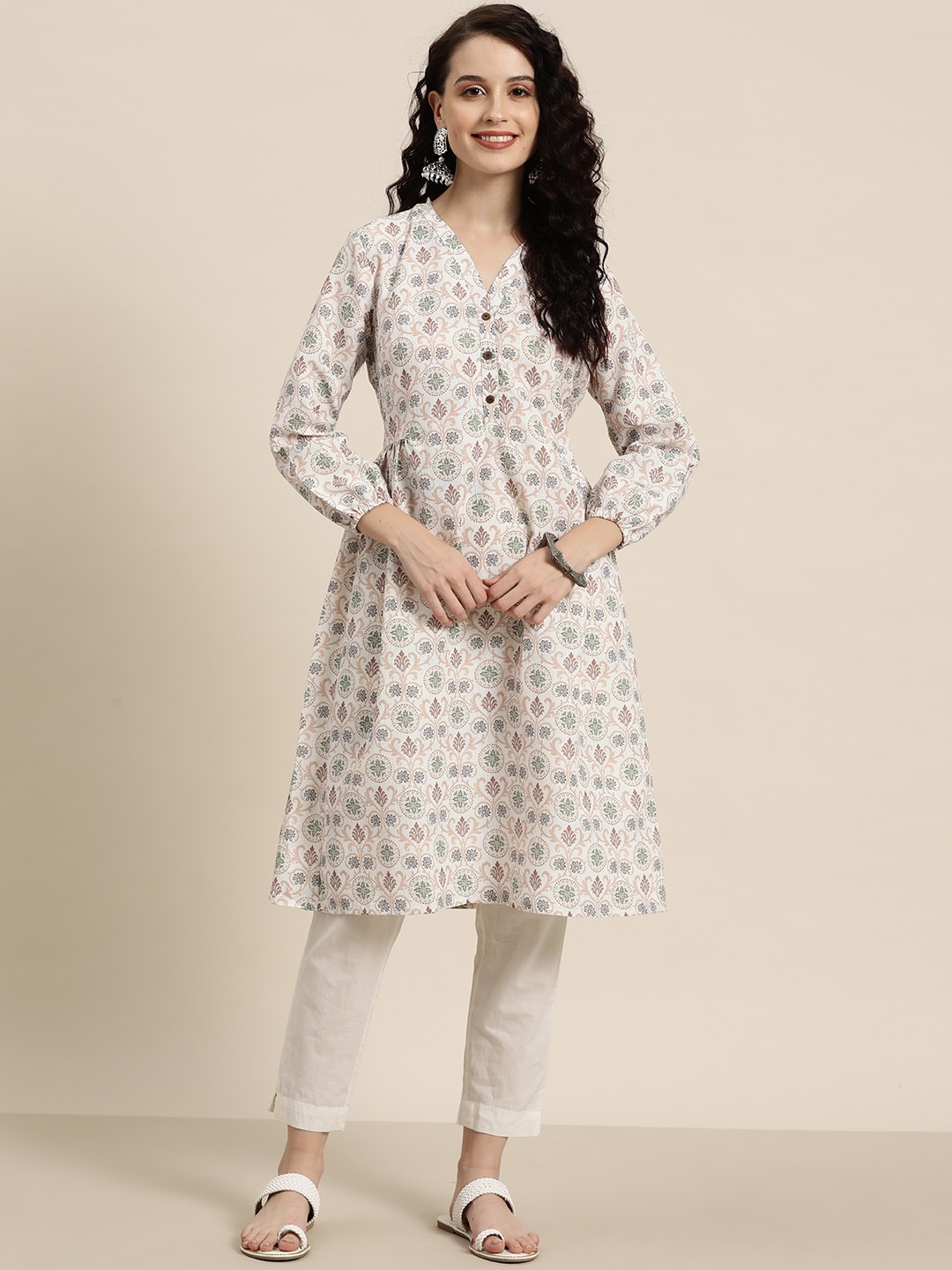 

HERE&NOW Ethnic Motifs Printed Dobby Kurta, White