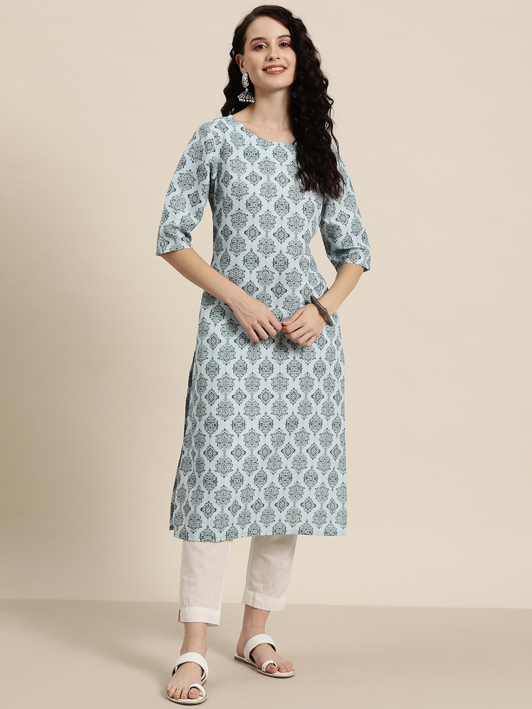 

HERE&NOW Ethnic Motifs Printed Dobby Kurta, Blue