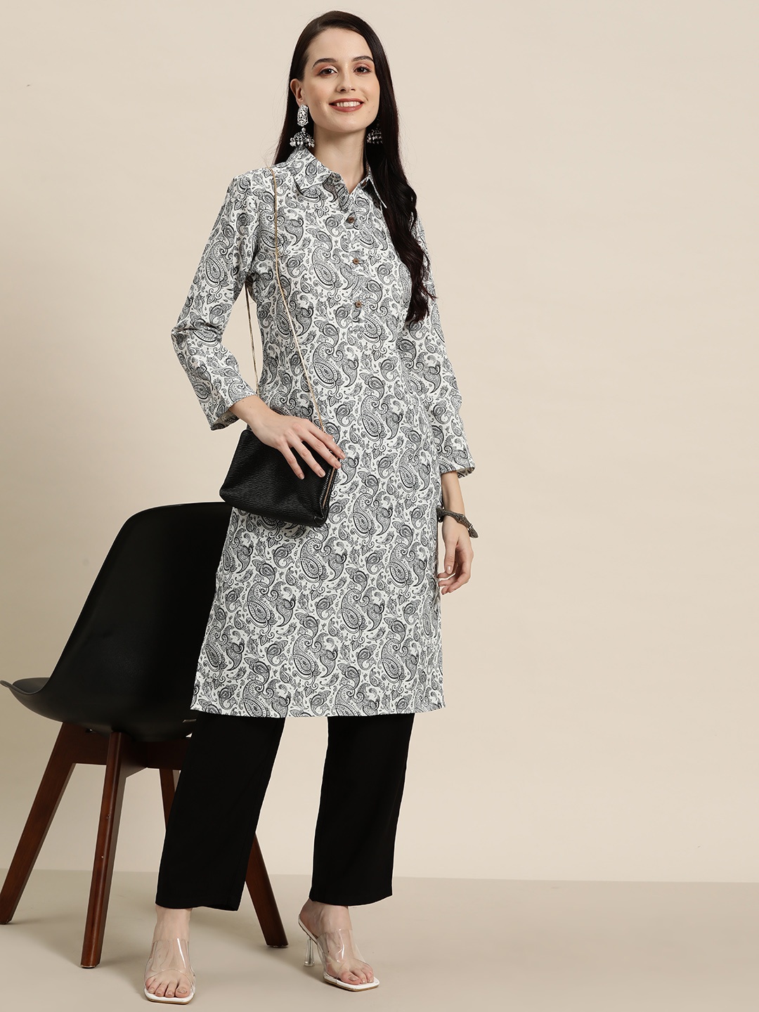

HERE&NOW Paisley Printed Shirt Collar Dobby Kurta, Multi