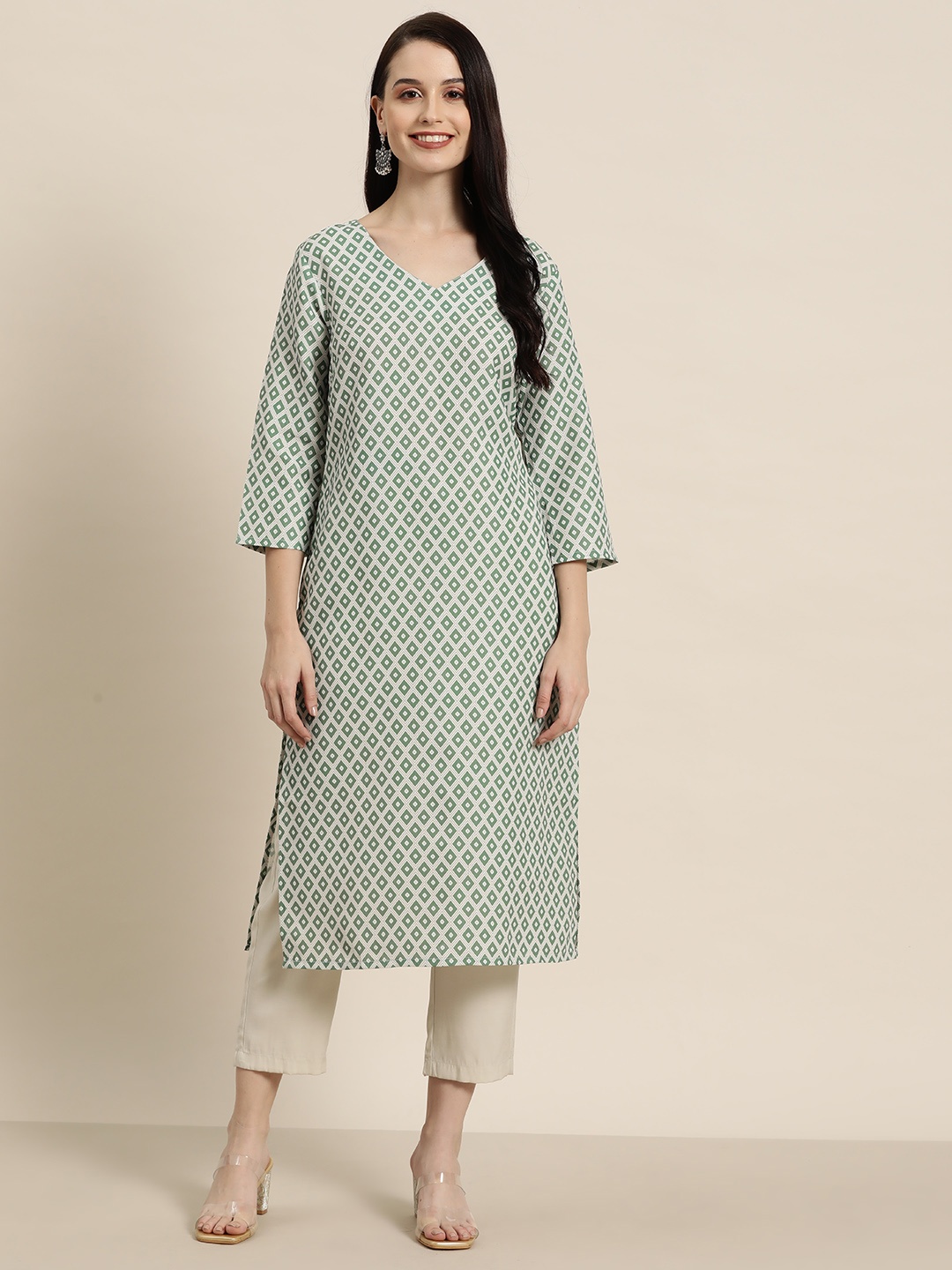 

HERE&NOW Geometric Printed Dobby Kurta, White