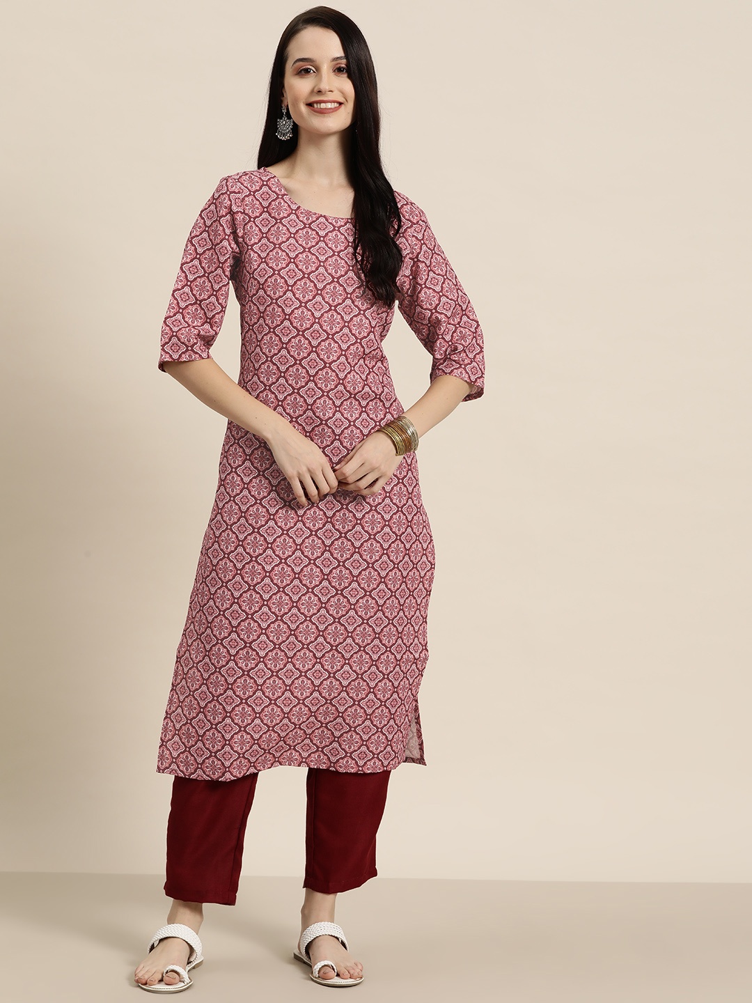 

HERE&NOW Ethnic Motifs Printed Dobby Kurta, Pink