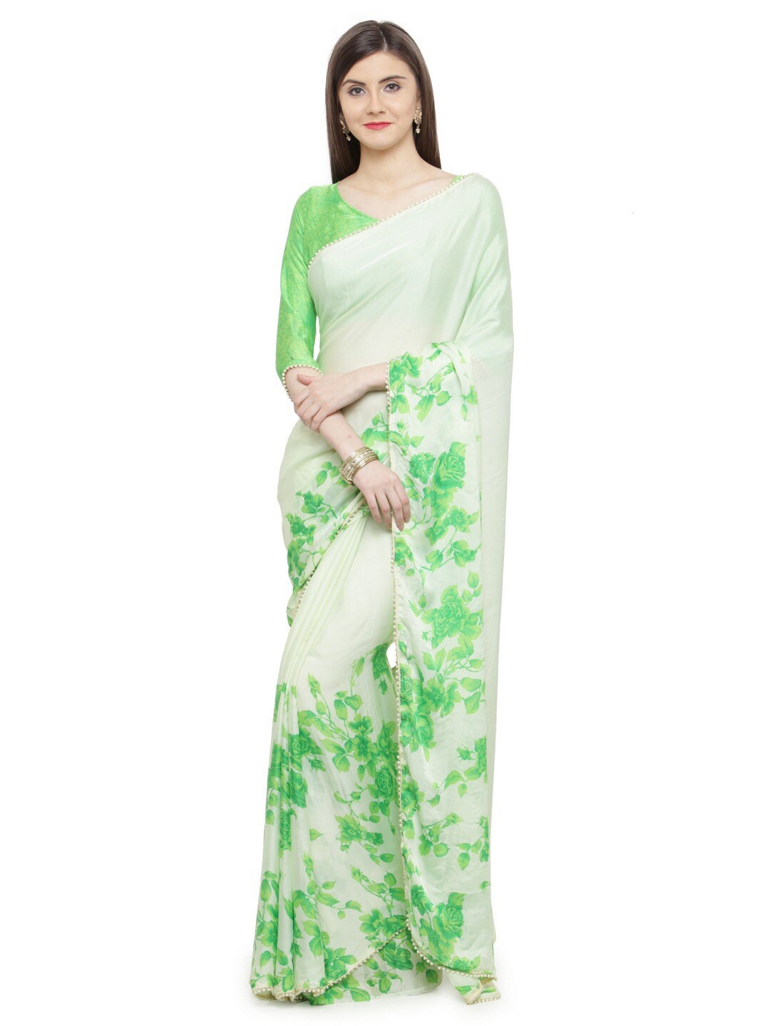 

Shaily Floral Printed Embellished Satin Saree, Green