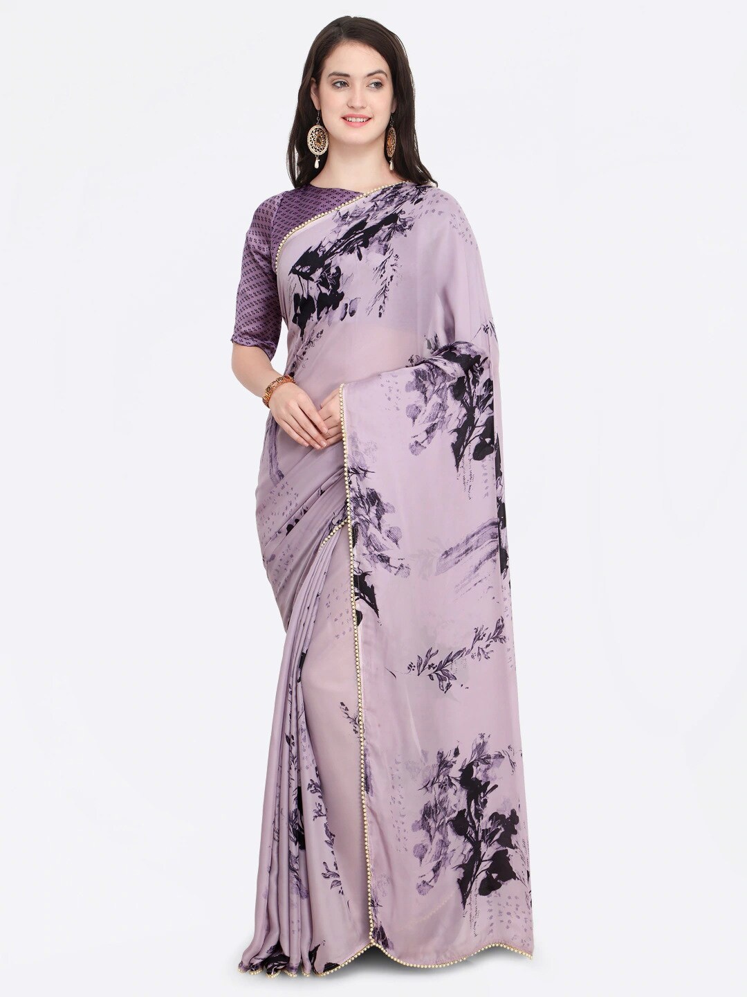 

Shaily Abstract Printed Embellished Satin Saree, Purple