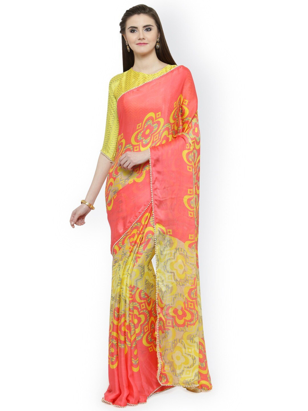 

Shaily Floral Printed Embellished Satin Saree, Pink