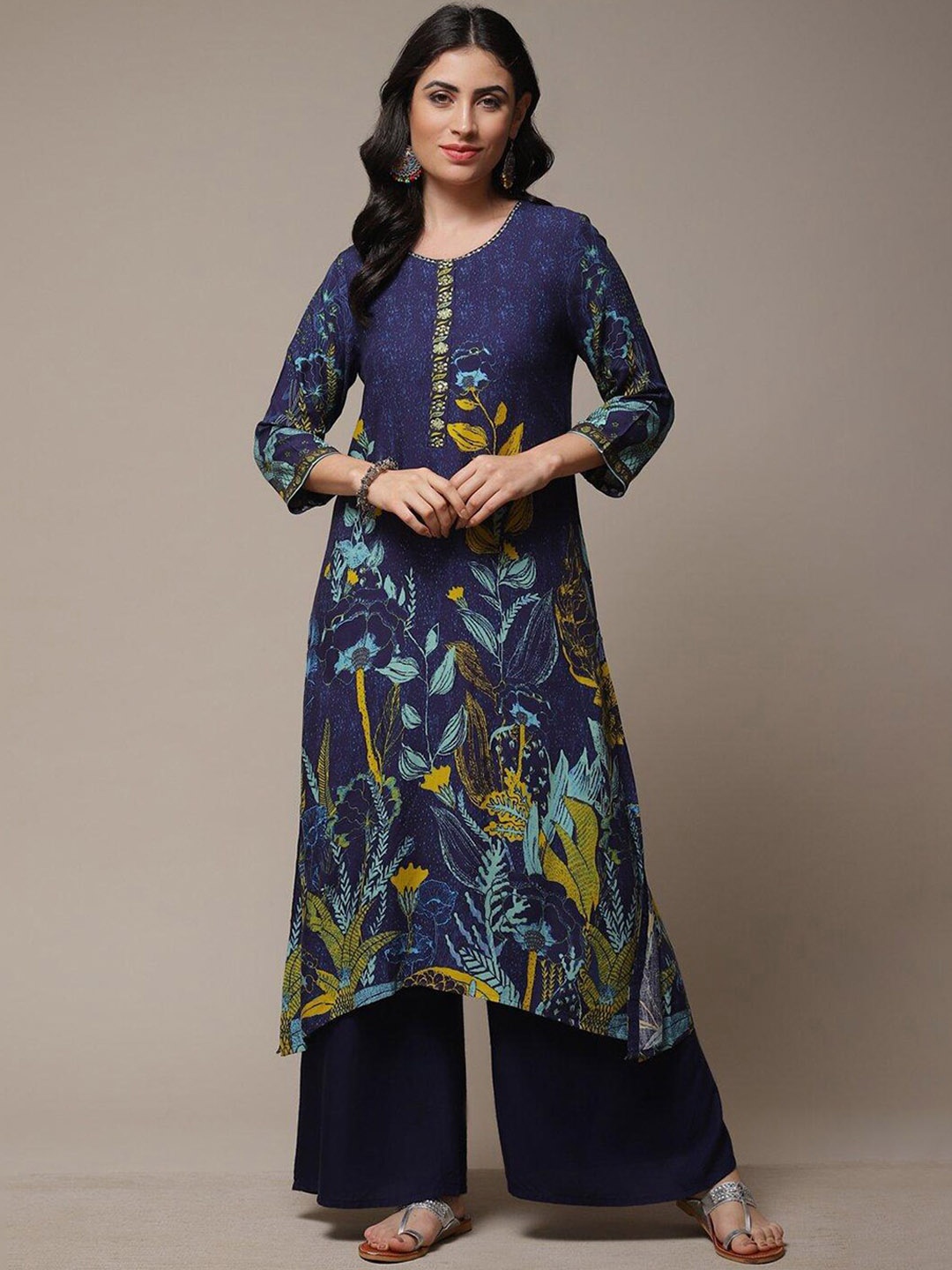 

Biba Floral Printed Thread Work Beads Detail A-Line Kurta, Navy blue