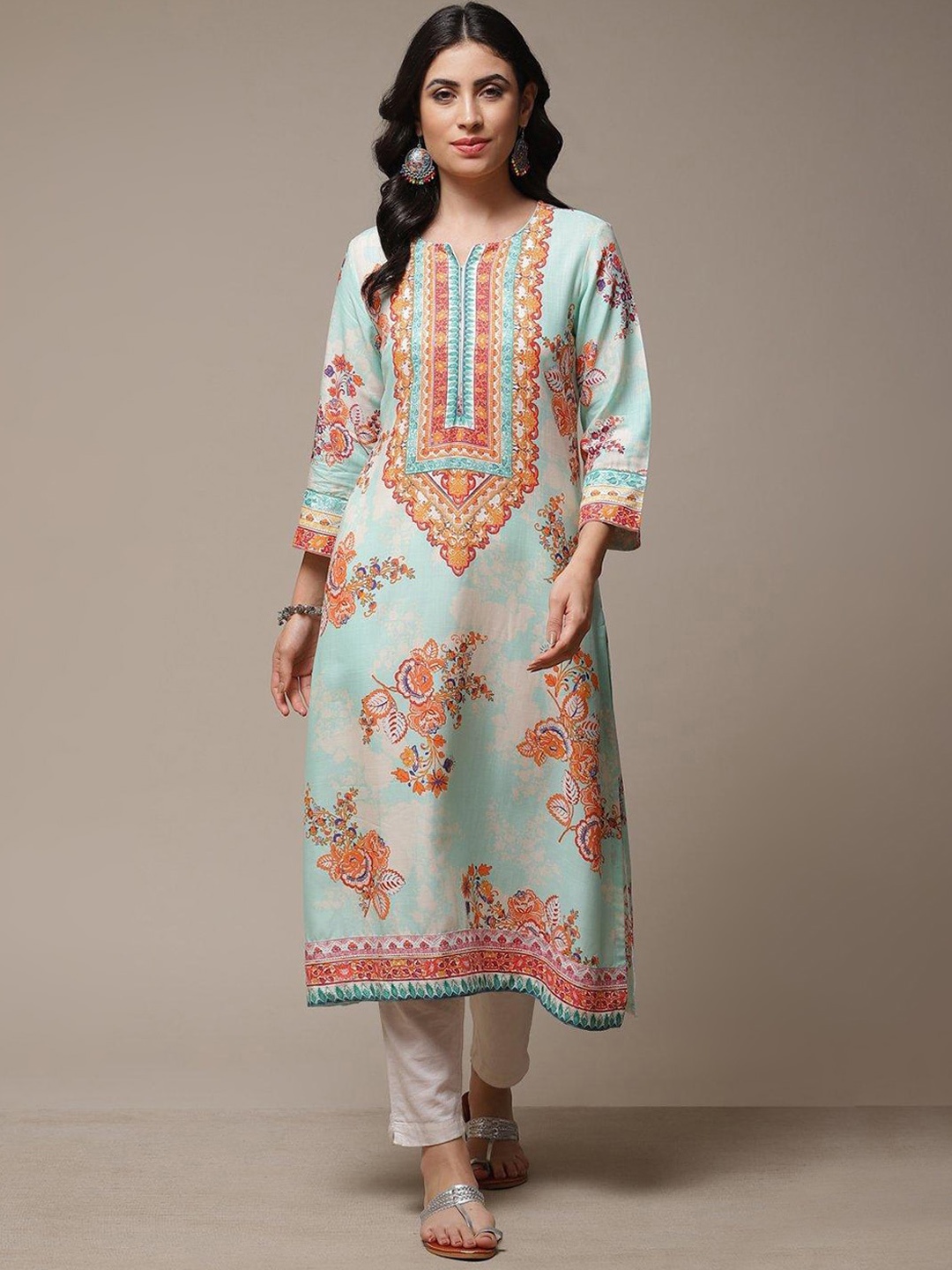 

Biba Ethnic Motifs Printed Notched Neck A-Line Kurta, Turquoise blue