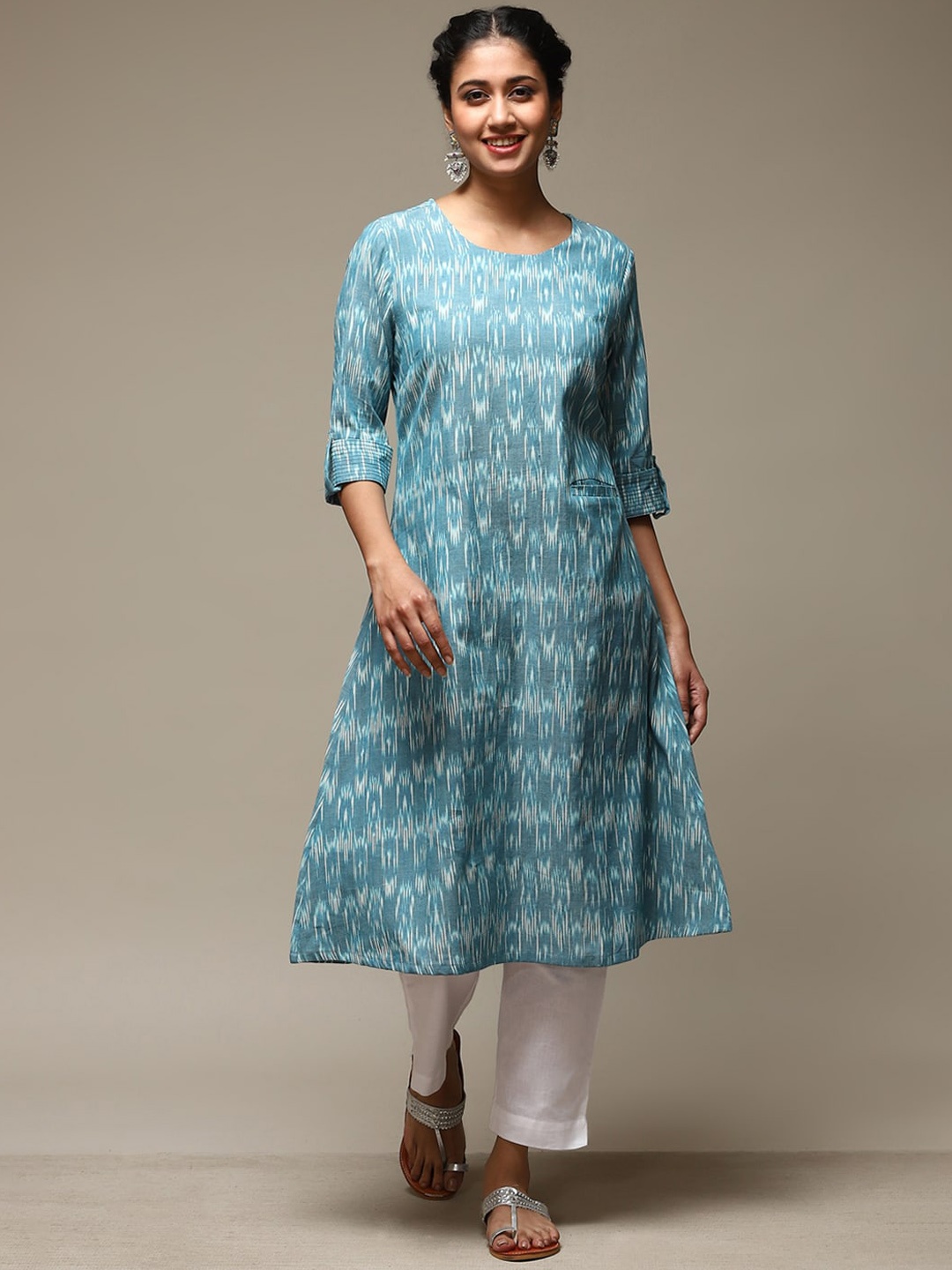 

Biba Ikat Printed Roll-Up Sleeves A-Line Cotton Kurta, Turquoise blue