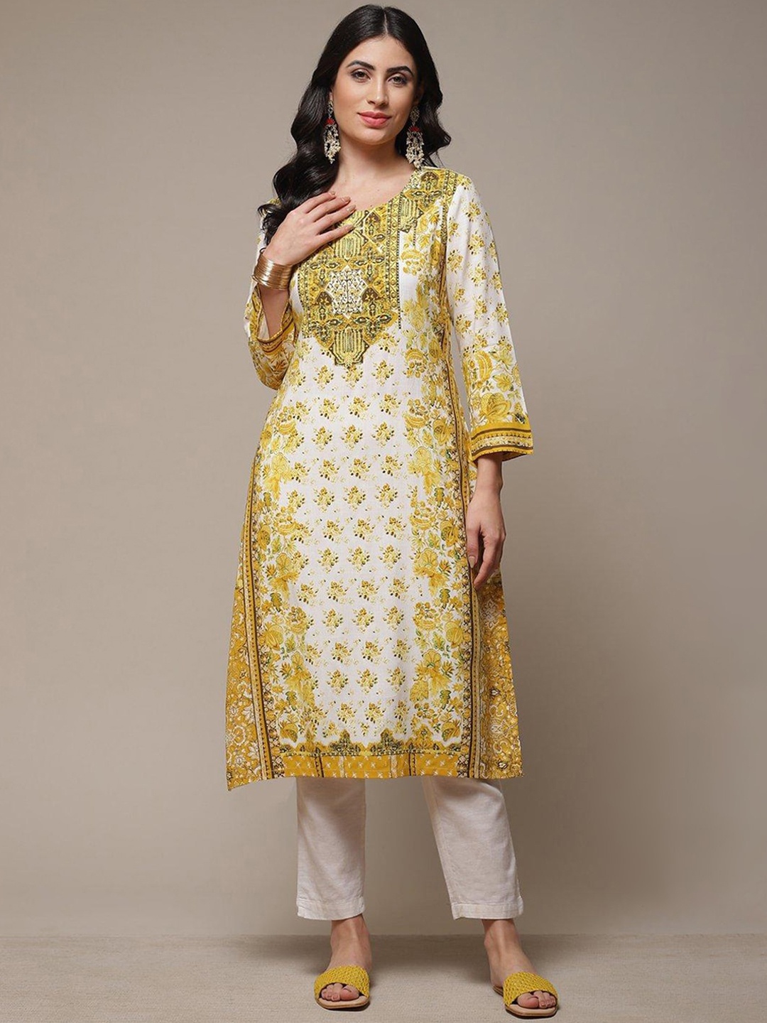 

Biba Floral Printed Sequined A-Line Kurta, White