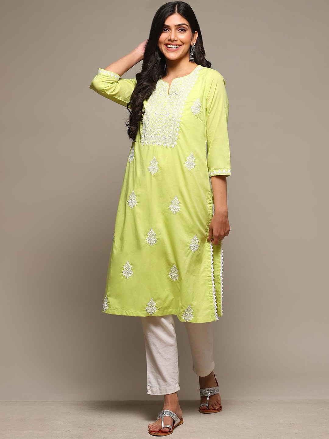 

Biba Ethnic Motifs Embroidered Notched Neck Sequined Cotton Kurta, Lime green