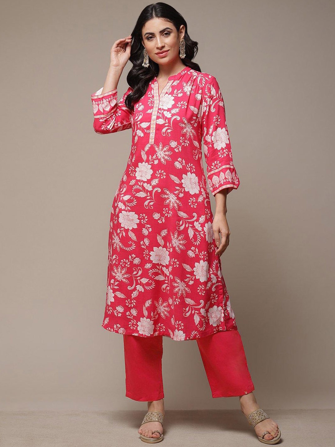

Biba Mandarin Collar Floral Printed A-Line Kurta, Pink