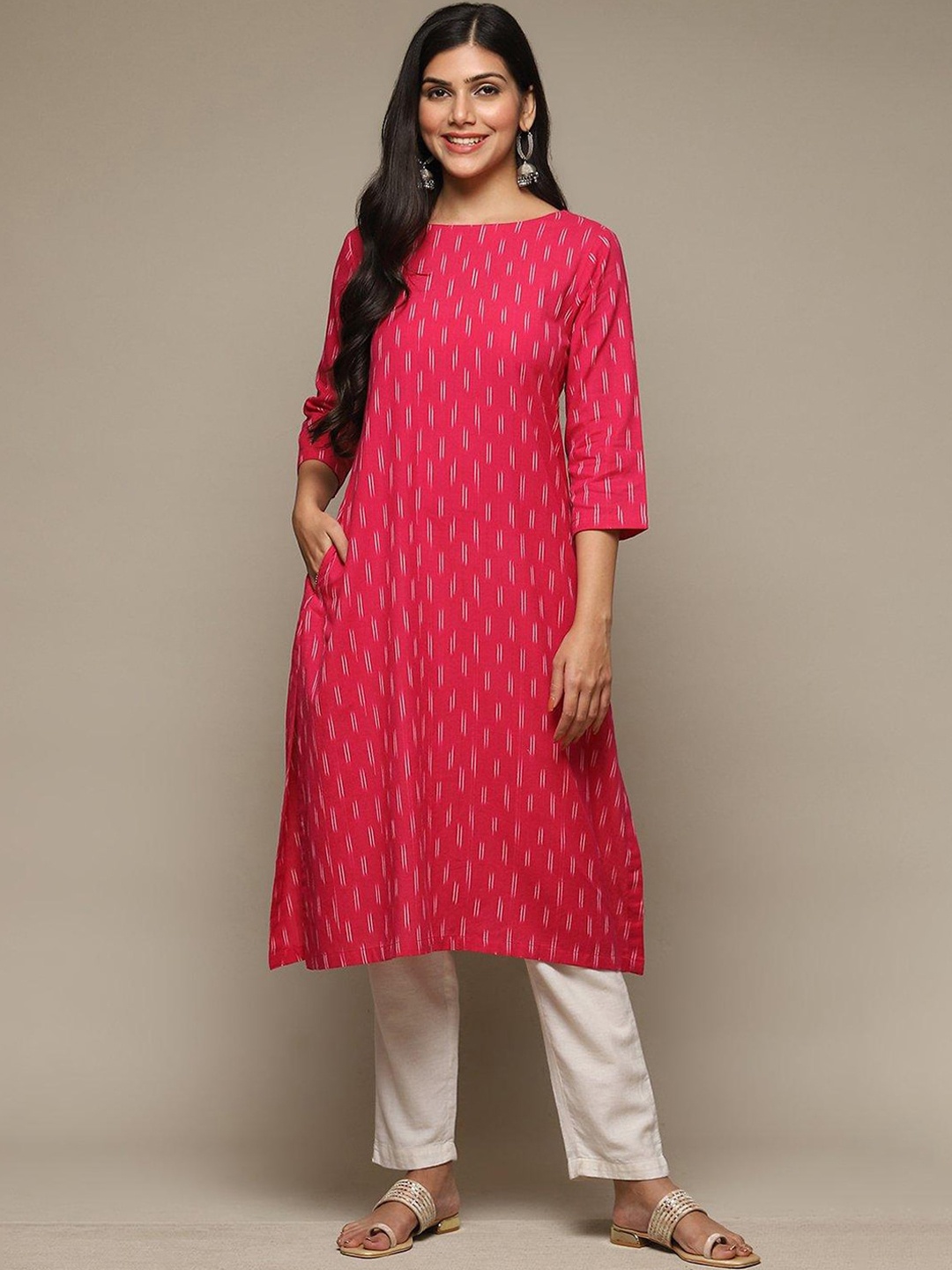 

Biba Abstract Woven Design Boat Neck A-Line Cotton Kurta, Fuchsia