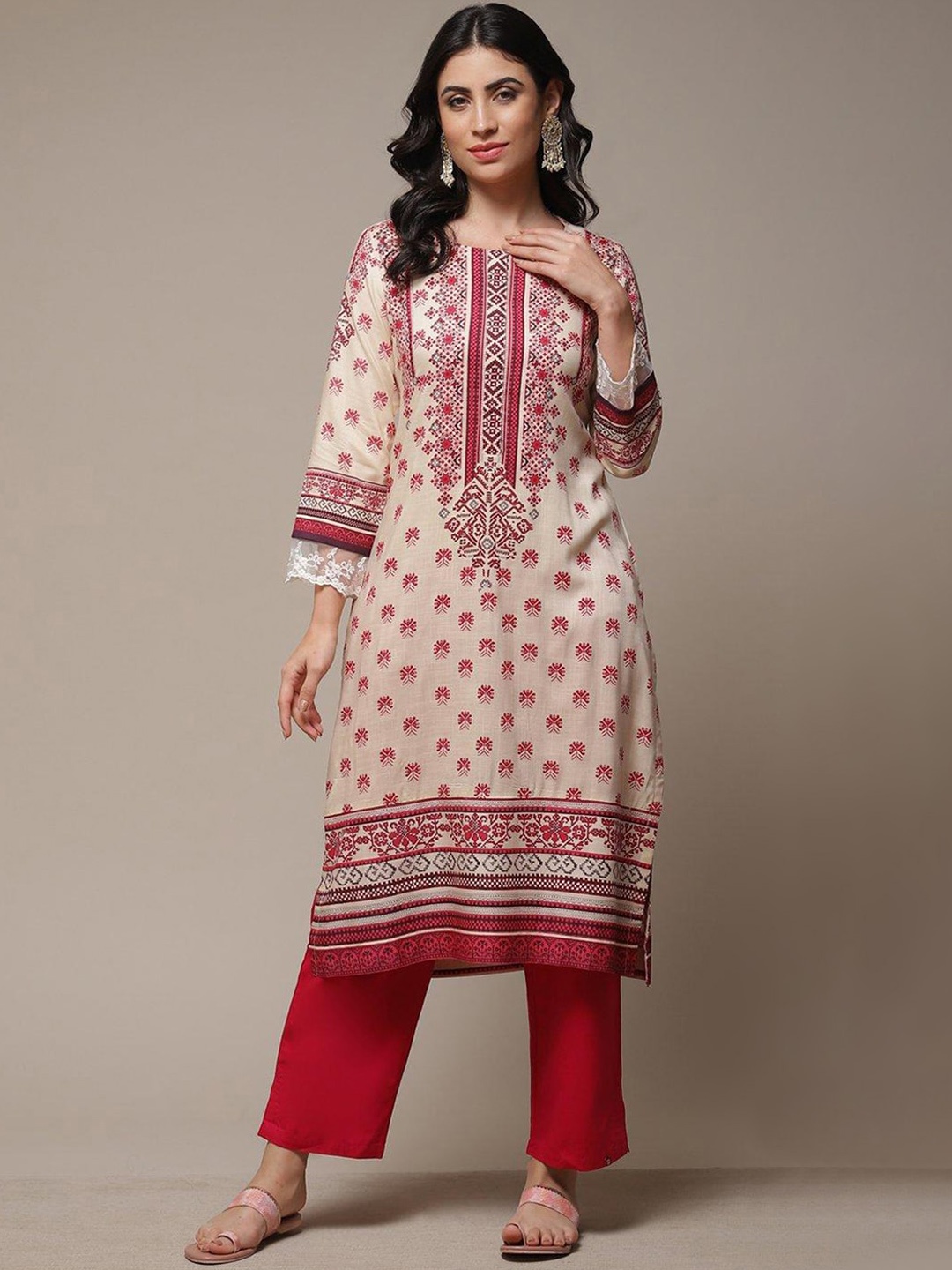 

Biba Ethnic Motifs Printed Lace Detail Kurta, Beige