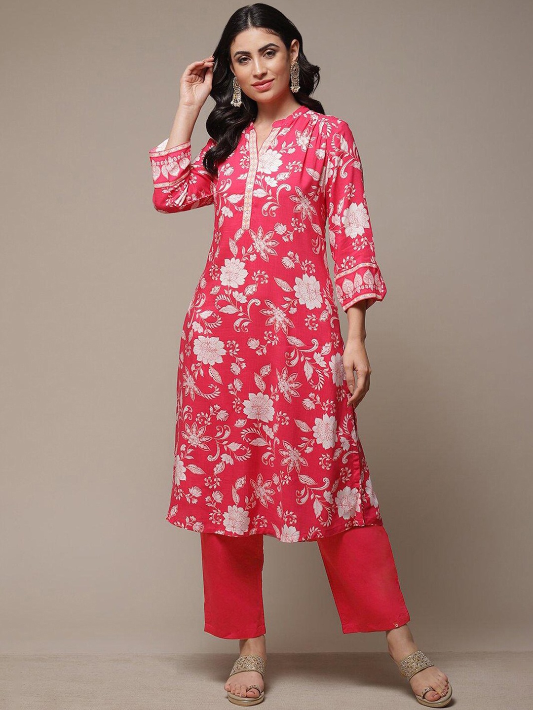 

Biba Mandarin Collar Floral Printed A-Line Kurta, Pink