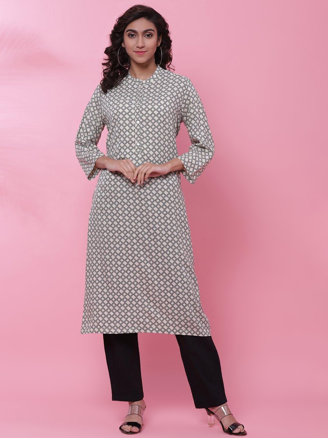 

Biba Geometric Printed Mandarin Collar Kurta, Off white