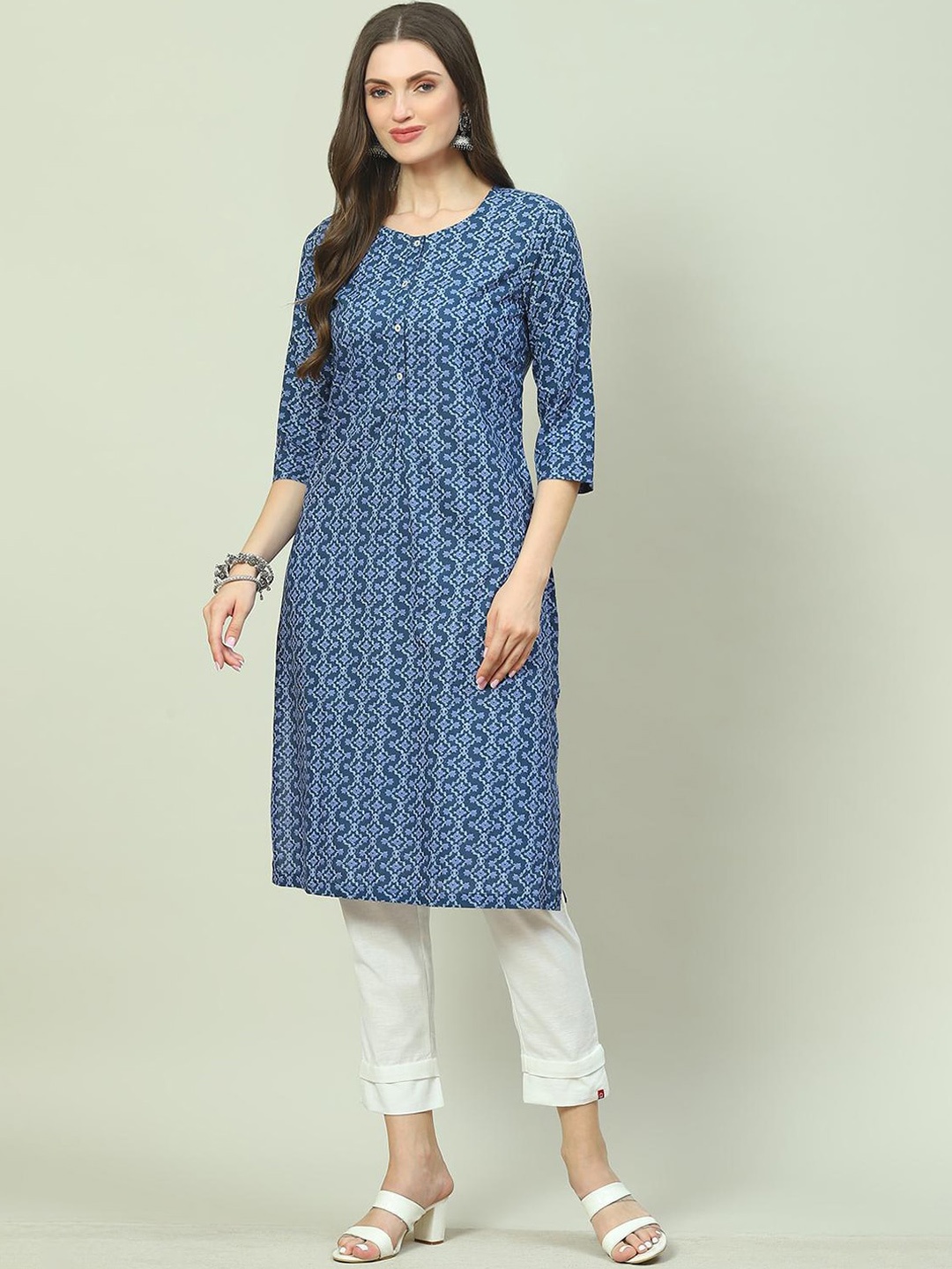 

Biba Ethnic Motifs Printed Cotton Kurta, Navy blue