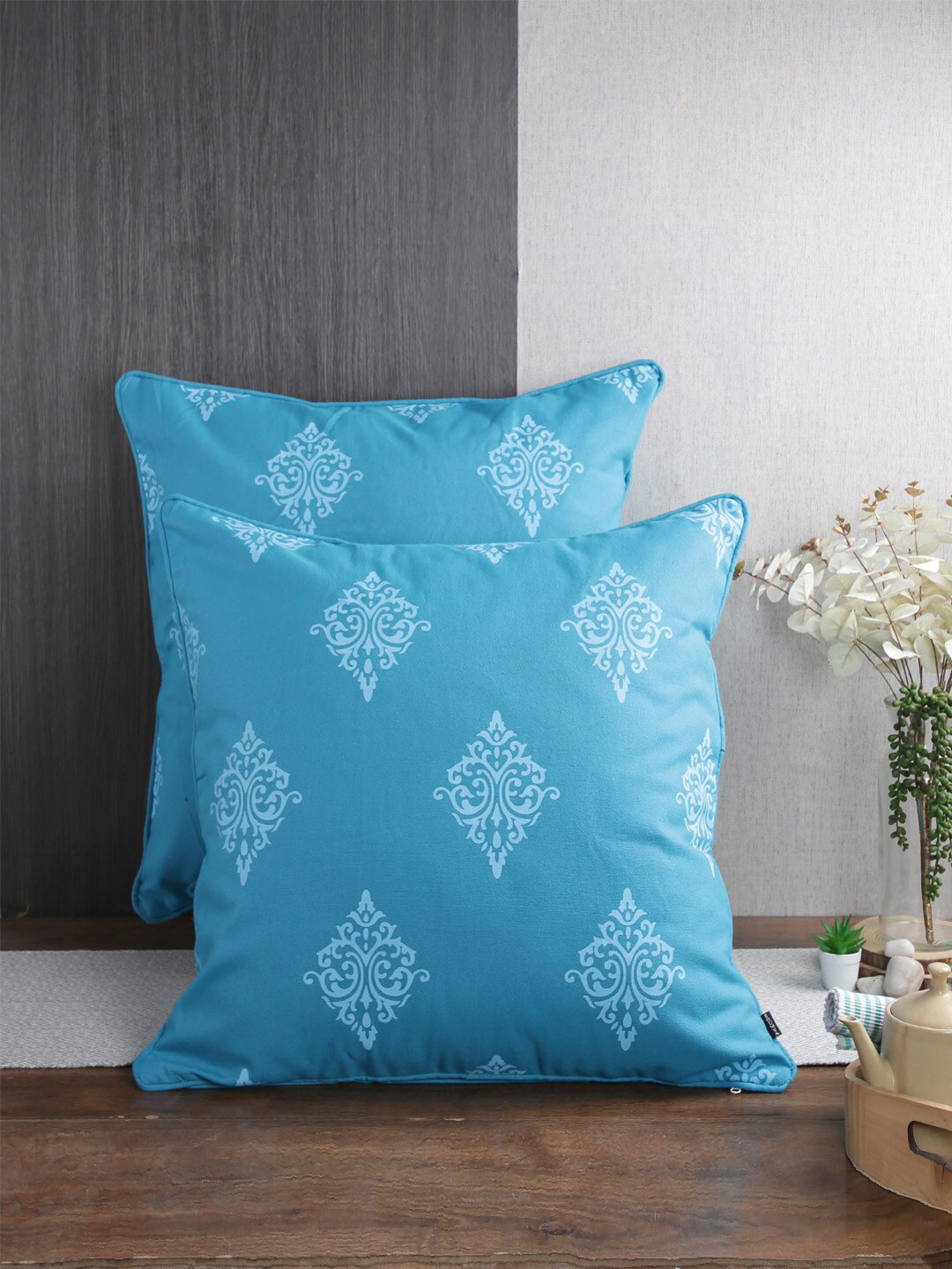 

Soumya Turquoise 2 Pieces Blue & White Ethnic Motifs Pure Cotton Square Cushion Covers, Turquoise blue