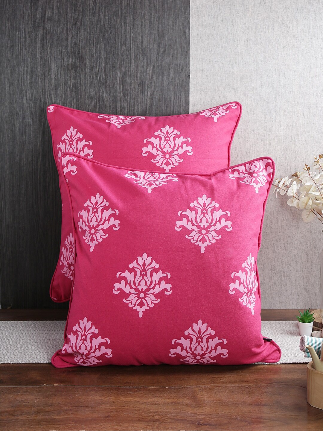 

Soumya 2 Pieces Pink & White Ethnic Motifs Pure Cotton Square Cushion Covers