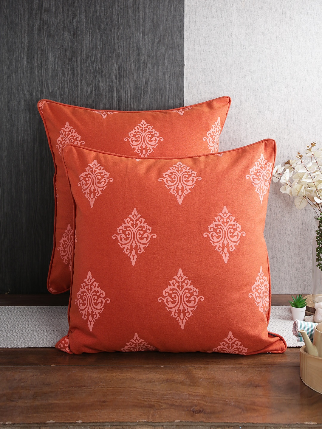 

Soumya Orange & White Set of 2 Ethnic Motifs Square Cushion Covers