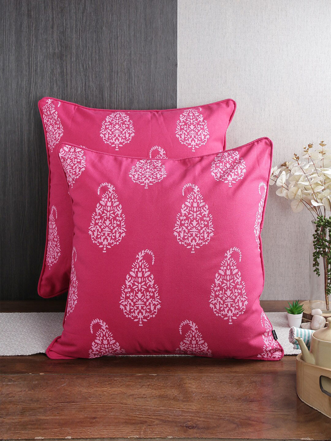 

Soumya 2 Pieces Fuchsia Pink & White Ethnic Motifs Pure Cotton Square Cushion Covers
