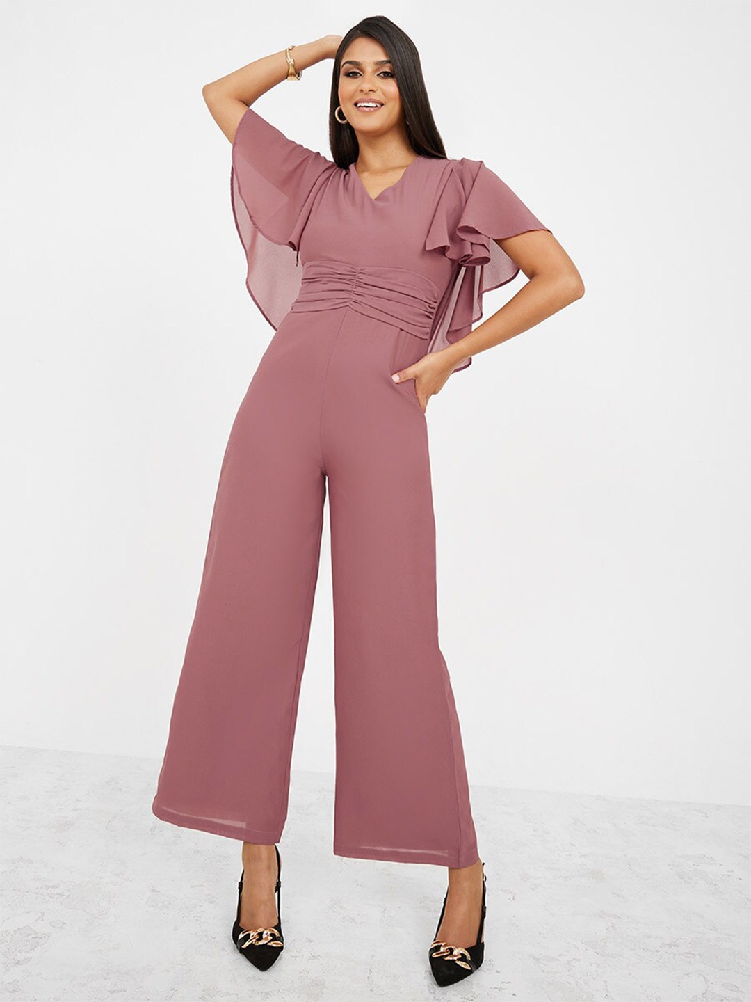 

Styli Flared Sleeves Basic Jumpsuit, Pink