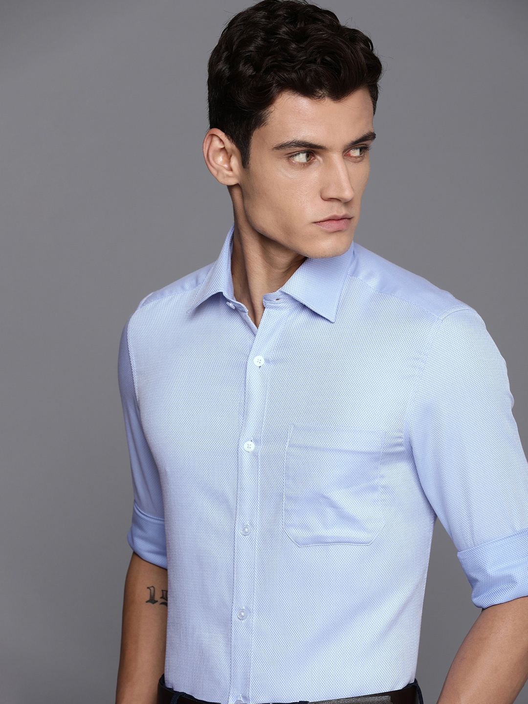 

Louis Philippe Men Pure Cotton Self Design Classic Fit Formal Shirt, Blue