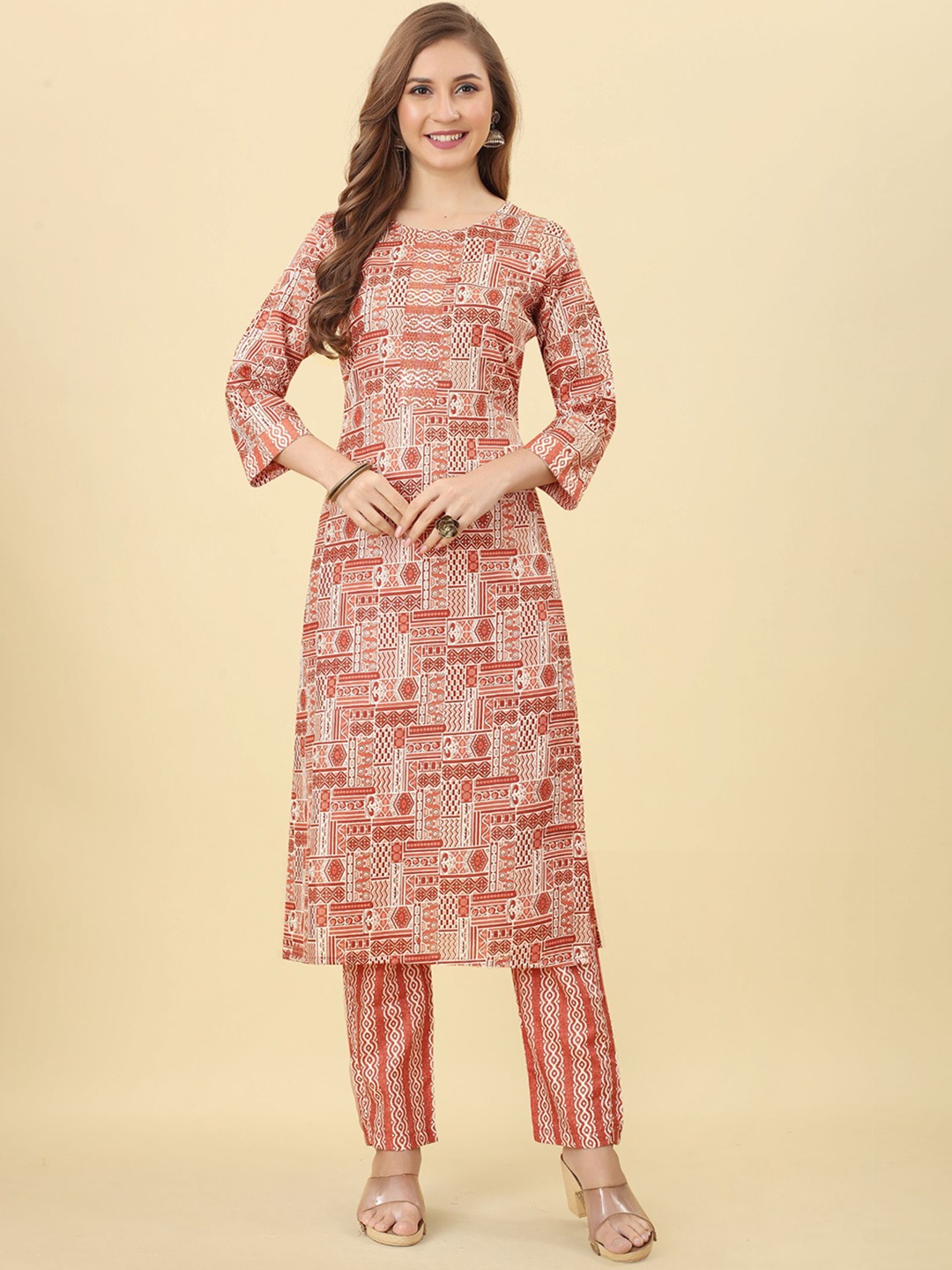 

KALINI Ethnic Motifs Printed Straight Kurta with Trousers, Rust