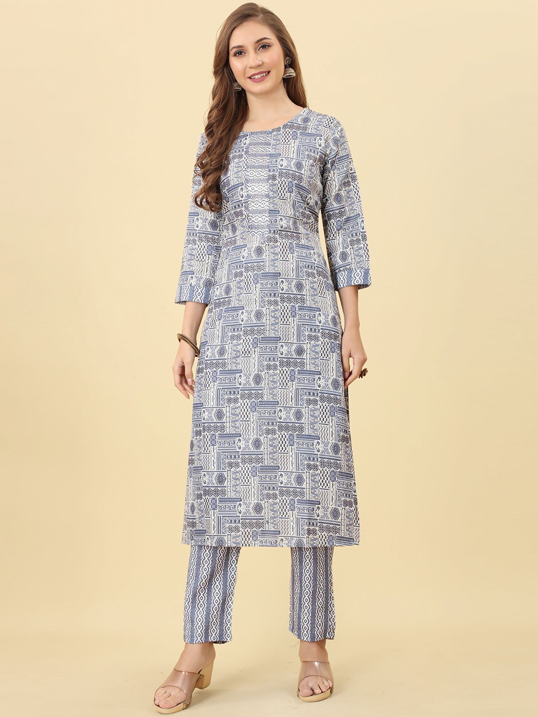 

KALINI Ethnic Motifs Printed Straight Kurta with Trousers, Blue