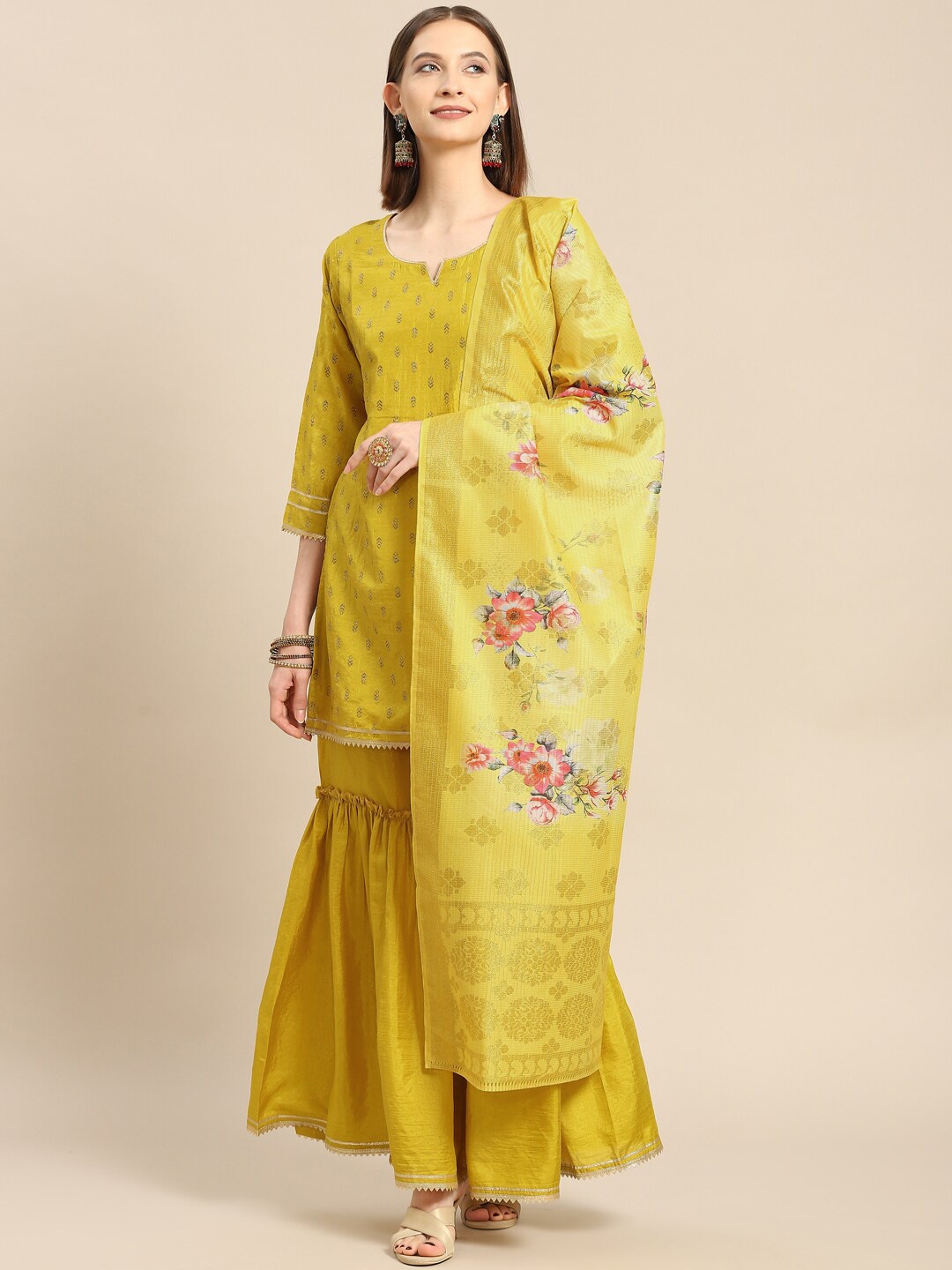 

Gerua By Libas Ethnic Motifs Printed Gotta Patti Kurti with Sharara Dupatta, Mustard