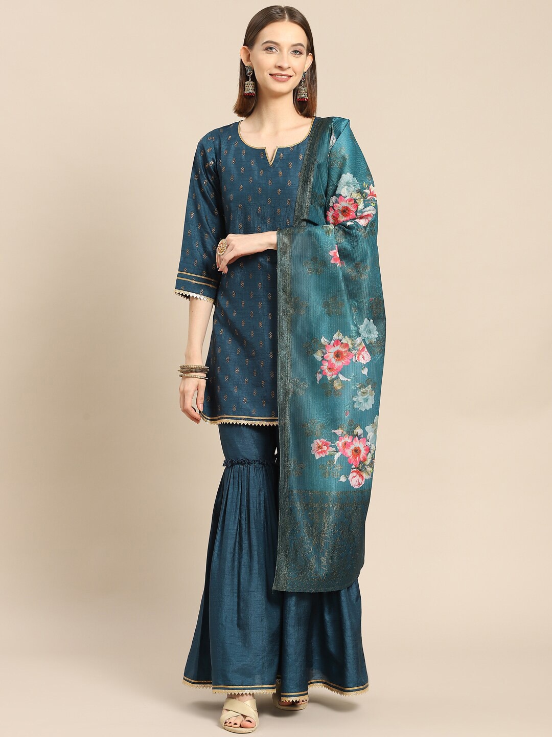 

Gerua By Libas Ethnic Motifs Printed Gotta Patti Kurti with Sharara Dupatta, Navy blue