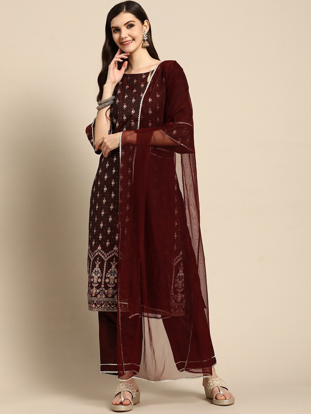 

Gerua By Libas Ethnic Motifs Printed Bell Sleeves Kurta with Trousers Dupatta, Maroon