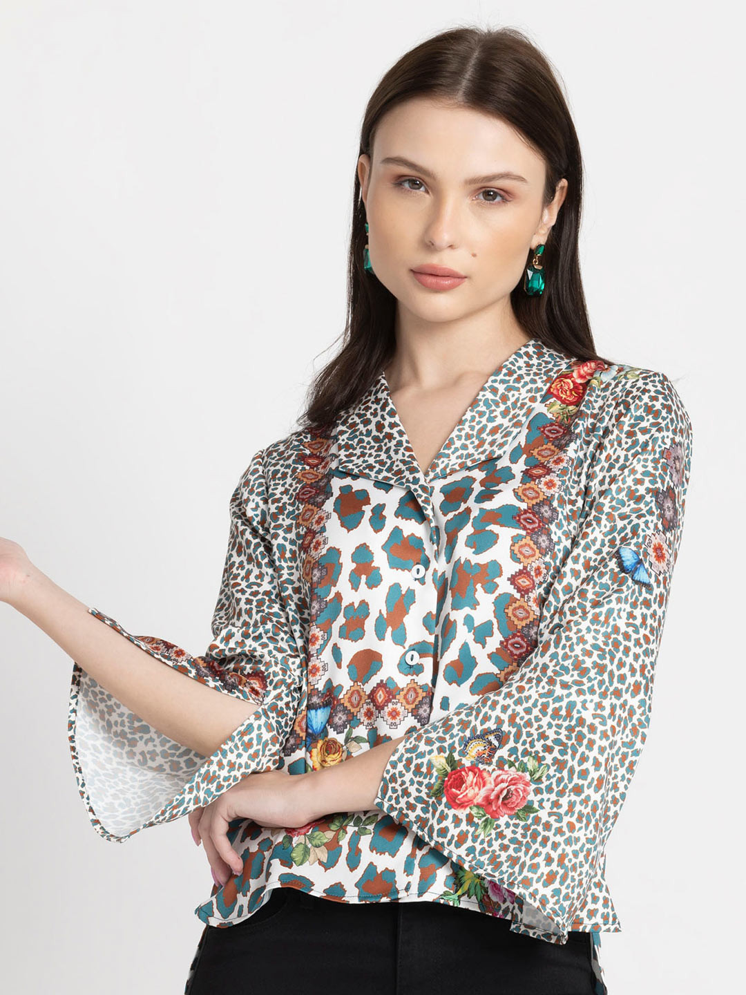 

SHAYE White Animal Printed Bell Sleeve Shirt Style Top