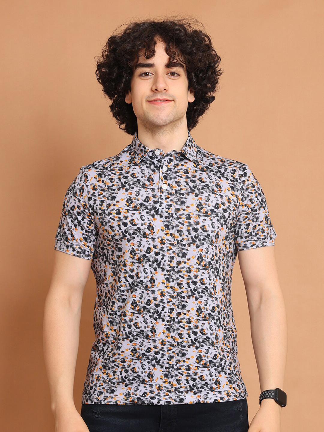 

berry blues Abstract Printed Pique Cotton Polo T-shirt, Grey