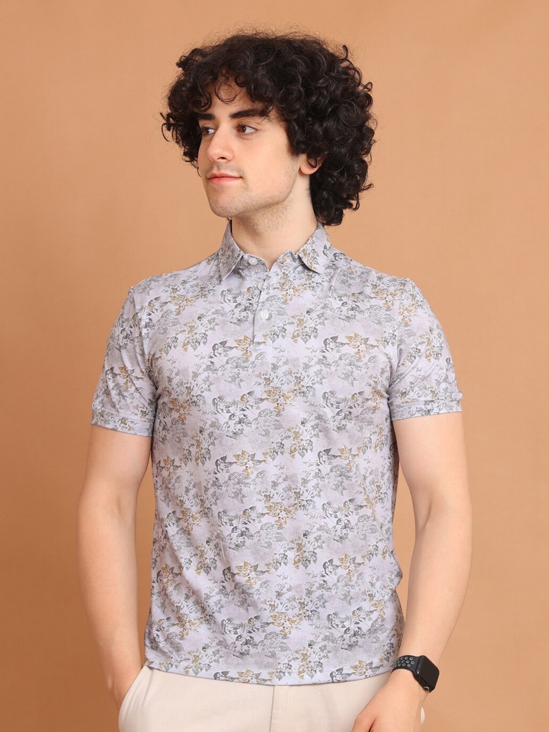 

berry blues Floral Printed Pique Half Sleeve Cotton Polo T-shirt, Grey