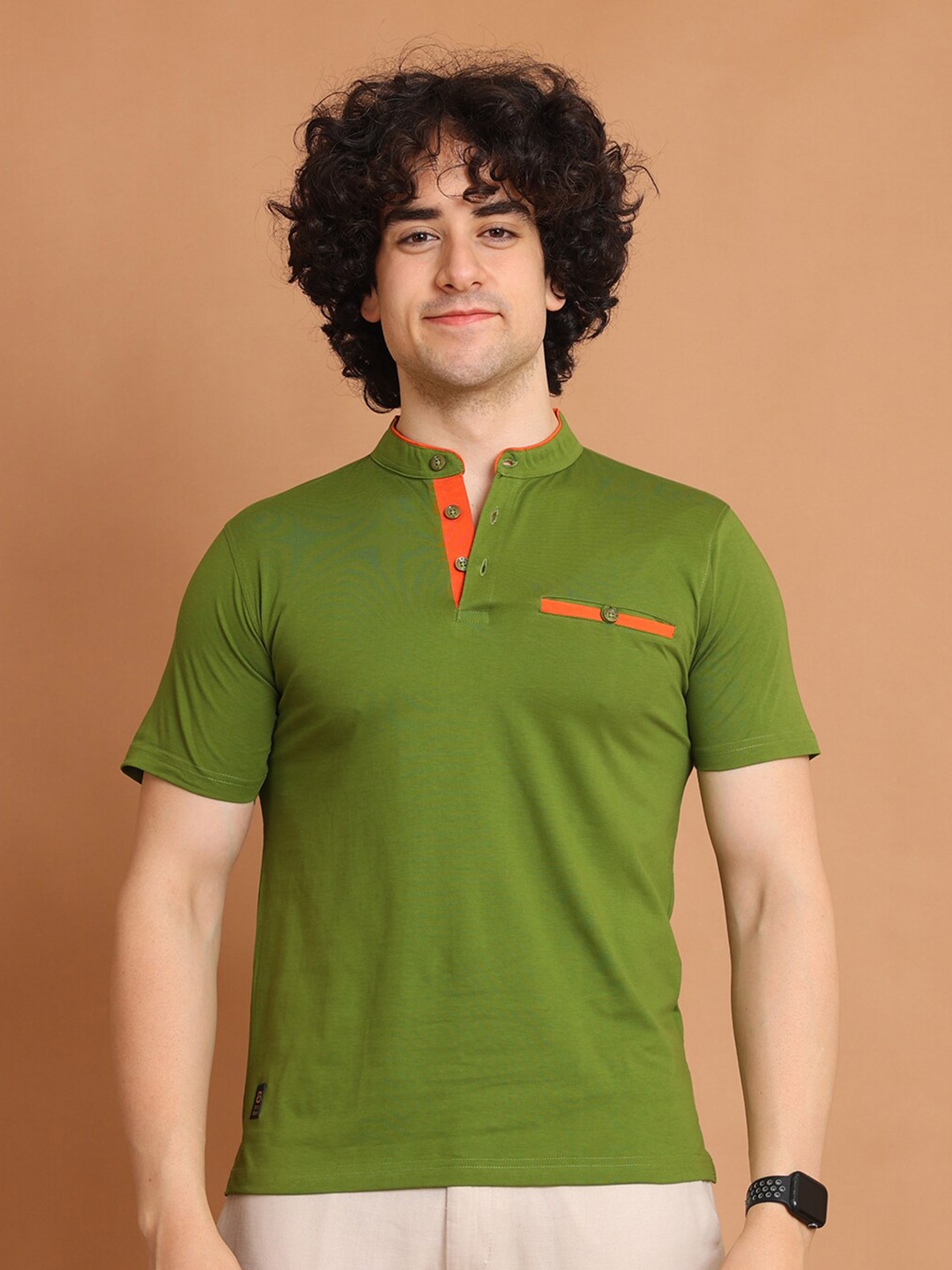 

berry blues Band Collar Short Sleeves Cotton T-shirt, Olive