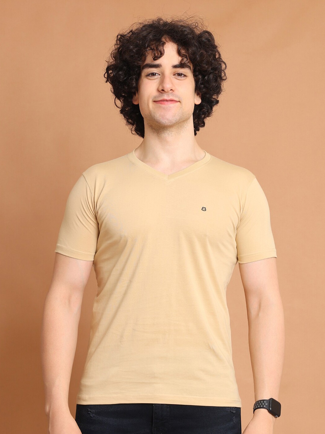 

berry blues Round Neck Cotton T-shirt, Beige