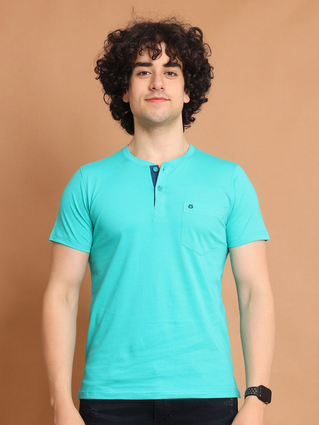 

berry blues Henley Neck Cotton T-shirt, Sea green