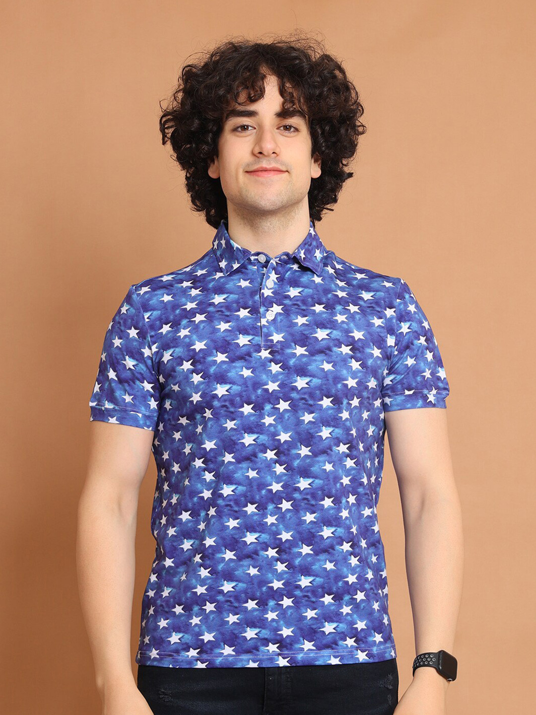 

berry blues Polo Collar Abstract Printed Cotton T-shirt, Blue
